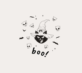 Happy Halloween illustration cute angry cat in witch hat. Hand drawn doodle or sticker composition