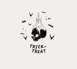Happy Halloween illustration skull with candle. Hand drawn doodle or sticker composition