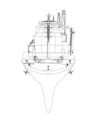Container ship contour drawing on white background features detailed hull, deck, and cargo sections. This clean line art is ideal for maritime designs. Front view