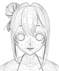 Anime girl head contour sketch with long hair and a flower. This black and white line art is ideal for coloring pages and fan art projects.