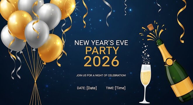 Celebrate New Year's Eve 2026 with champagne, balloons, and festive streamers
