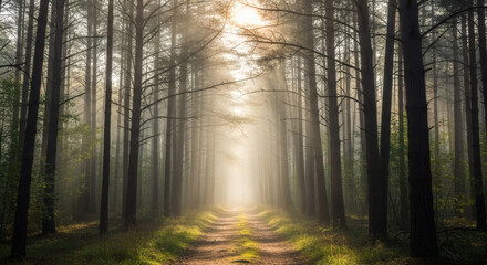 A mysterious path in an ancient forest, dense morning fog filtering through tall pine trees, sun rays creating ethereal light beams, mystical and serene atmosphere, hyperrealistic photography