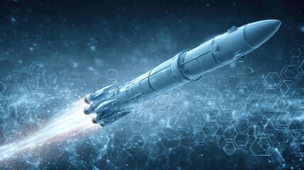 Fototapeta premium Rocket Launching Into Space with Abstract Background of Stars and Digital Elements