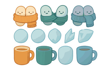 Cute winter characters bundled up with snowballs, ice shards, and cozy hot drink mugs