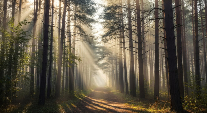 A mysterious path in an ancient forest, dense morning fog filtering through tall pine trees, sun rays creating ethereal light beams, mystical and serene atmosphere, hyperrealistic photography