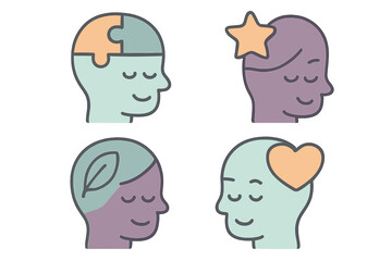 Stylized human head profiles representing mental health, cognitive functions, and emotional intelligence