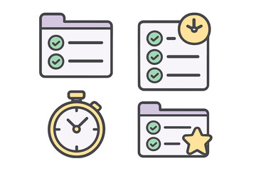 Fototapeta premium Productivity icons set featuring checklist, folder organization, and stopwatch timer symbols