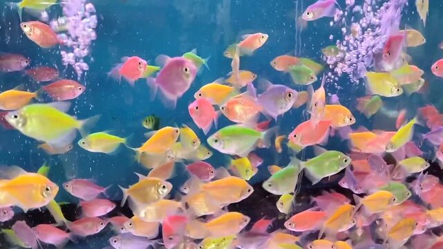 Ornate and Ternary fish in a brightly lit aquarium look vibrant. Glofish tetra
