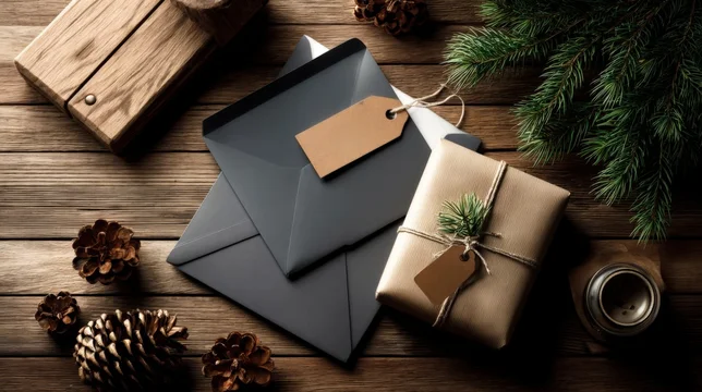 Holiday cards and tags on wooden table in cozy warm atmosphere