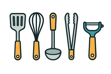 Collection of essential kitchen cooking tools and utensils set on a white background