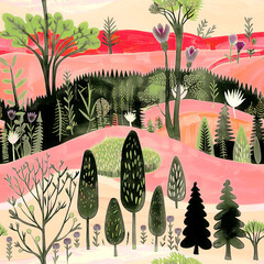 Bright and colorful naive landscape illustration capturing nature's beauty and serenity
