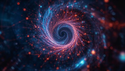 Spiraling vortex showcasing glowing red and blue nodes with filaments twisting inward, cosmic scene