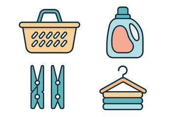 Set of essential household items for laundry including basket detergent clothespins and hanger