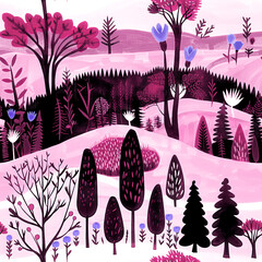 Vivid portrayal of a stylized landscape with vibrant pink hues and whimsical flora