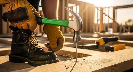 Construction worker hammering a nail into wood on a sunny day at a new building site