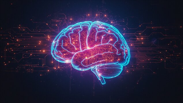 Neon-rendered brain illustration pulsing in digital space, with circuit-like lines and light nodes