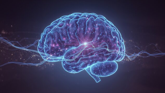 Projecting holographic brain model in digital space, with mesh overlay, neural points and waveforms - Powered by Adobe