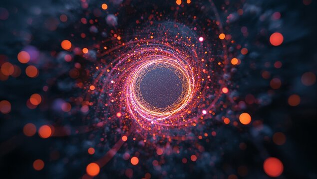 Spiraling glowing vortex forming tunnel in digital space, with neon filaments, particles and orbs