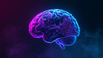 Rotating glowing 3D brain model shimmering in digital space, with neon circuit patterns and mist