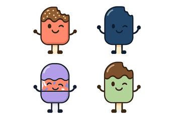 Cute cartoon ice cream characters with happy faces and different flavors