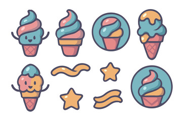 Cute cartoon ice cream cones and sweet dessert elements in pastel colors for summer