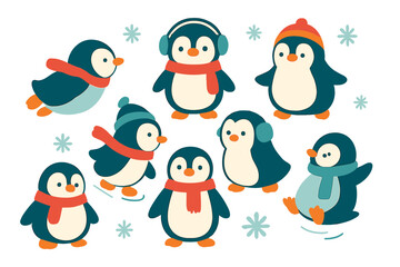 Adorable penguins wearing winter scarves and hats surrounded by falling snowflakes
