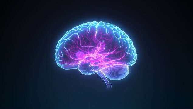 Showing holographic human brain model glowing in virtual lab display, with neon neural filaments - Powered by Adobe