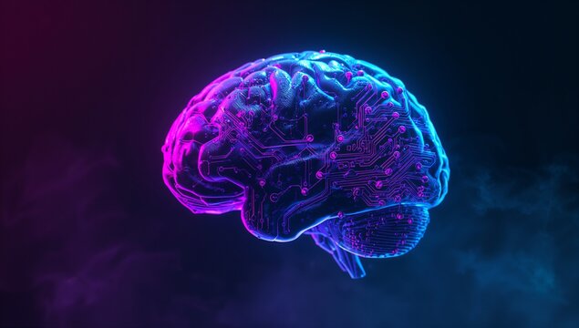 Rotating glowing 3D brain model shimmering in digital space, with neon circuit patterns and mist