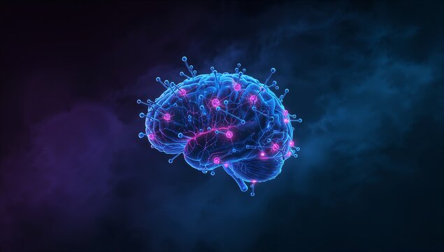 Hovering neon-blue brain glowing with magenta neural network nodes and filaments in digital void