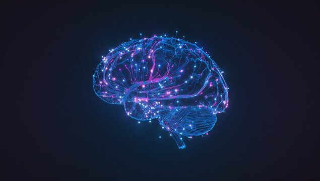 Showing holographic brain glowing in dark void, with neon blue-magenta network lines and lit nodes
