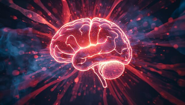Radiating stylized brain model glowing neural pathways in cosmic space, drifting light streaks