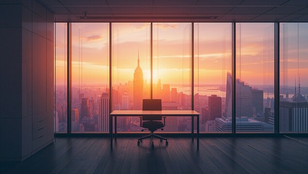 Showing desk and swivel chair occupying center in office tower, with window showing sunset skyline