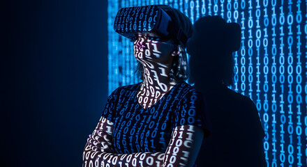 Woman wearing vr headset with binary code projection, embracing technology