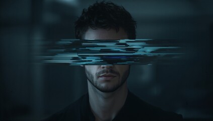 Standing male wearing jacket facing dark corridor, with flickering blue digital glitch lines