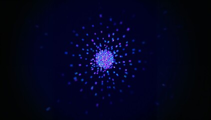 Radiating central glowing sphere sending pixel streams in digital space, with aqua violet squares