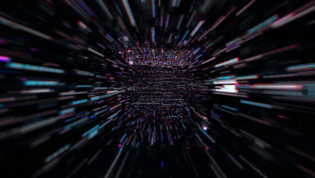 Radiating dark central digital grid block in data tunnel, with light streaks and pixel clusters