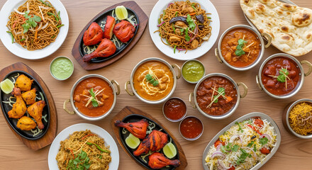 Assortment of delicious indian dishes on a wooden table, top view