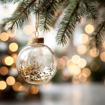 Glass bauble on pine tree with golden bokeh holiday glow