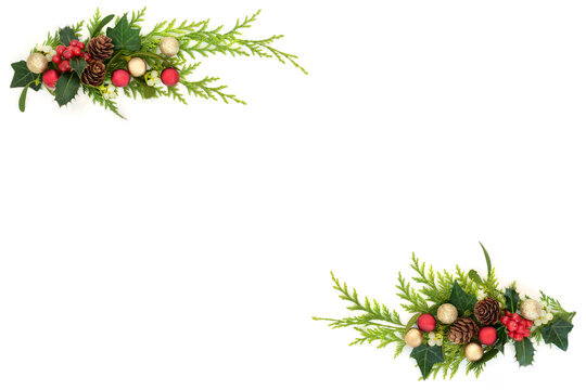 Christmas winter festive border decoration with red gold baubles, holly, mistletoe berries and flora. Xmas design for holiday season on white background.