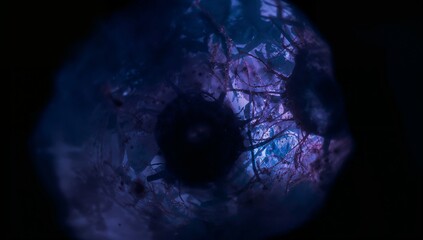 Revealing glowing fibrous sphere over dark core in micro UV field, cosmic tendrils