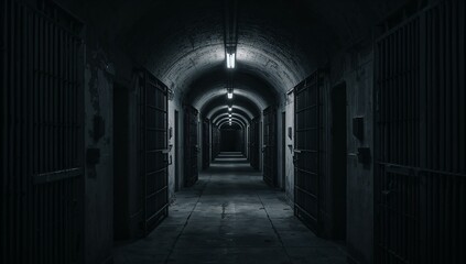 Leading arched prison corridor extending into darkness underground, with metal-barred doors
