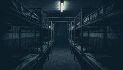 Lining central corridor metal bunk beds with thin mattresses under fluorescent light in basement