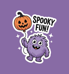 Cute Purple Monster with Pumpkin Balloon – Spooky Fun Halloween Cartoon Illustration