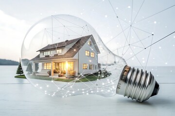 House in a light bulb with network connections, smart home concept