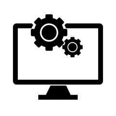 desktop computer monitor with two gear wheels overlayed, clearly symbolizing system settings, IT support, software maintenance, and digital customization.