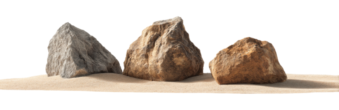 Three Large Natural Rocks on Sand with White Background