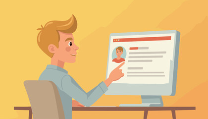 Modern flat vector illustration of a young man sitting at a desk and interacting with a computer screen displaying a profile page, symbolizing online reputation management and digital identity.