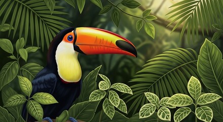Vibrant Toucan Portrait Amidst Lush Tropical Foliage.