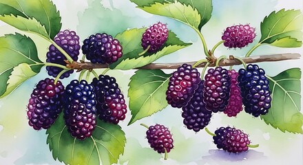 Watercolor Mulberry Branch - A Vibrant Depiction of Summers Bounty.
