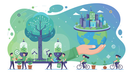 Vivid flat illustration depicting a harmonious blend of nature and technology, showcasing a futuristic city powered by renewable energy on a hand-held Earth, alongside people engaged in eco-friendly